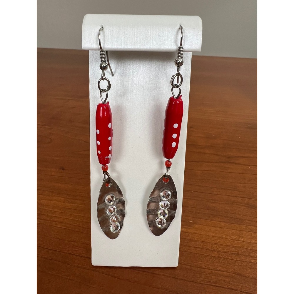 Handmade Red Polka Dot Fishing Lure Hammered Silver Leaf Rhinestone Earrings